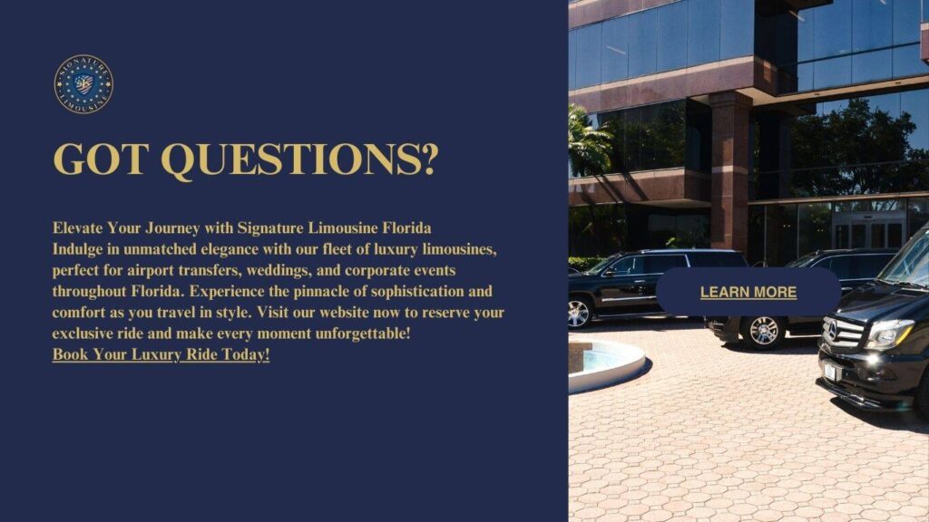 Luxury limousine service promotion with "Got Questions?" header and a "Learn More" button on a blue background.