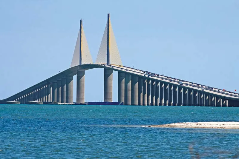 Sunshine Skyway Bridge spanning across blue water on a clear, sunny day.